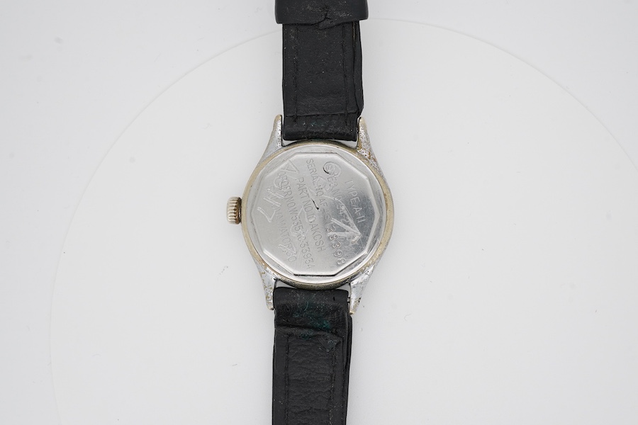 A gentleman's stainless steel Bulova military wrist watch, with black Arabic dial, the case back engraved Type A-II Spec no 94-27834, over etched with broad arrow 6B/234 A9117, on a later associated leather strap, case d